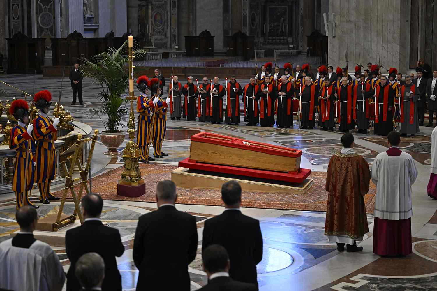The body of Pope Francis lies in state at the Basilica St Peter on April 23, 2025 in Vatican City
