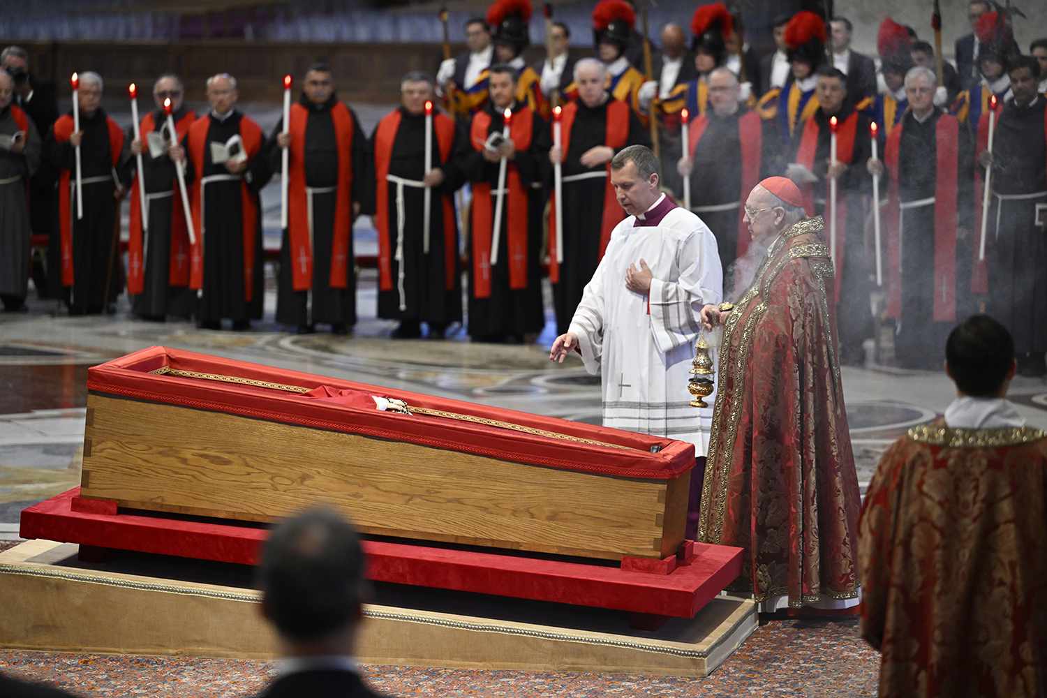 The body of Pope Francis lies in state at the Basilica St Peter on April 23, 2025 in Vatican City