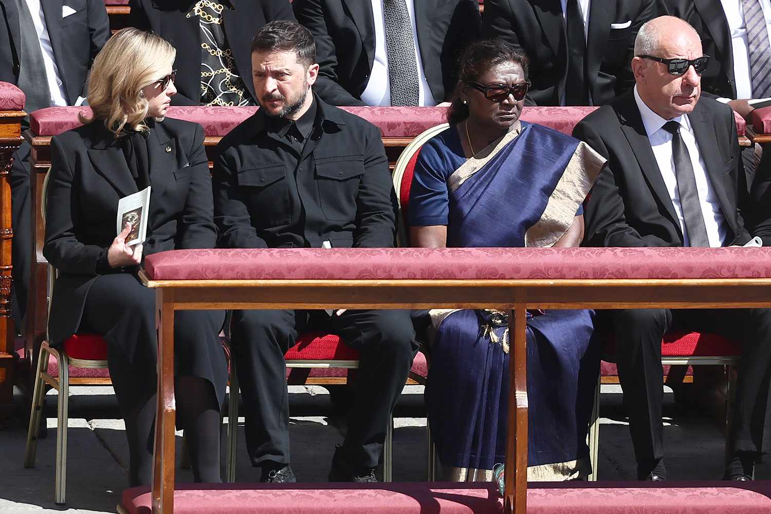 Olena Zelenska, Ukrainian President Volodymyr Zelensky and Indian President Draupadi Murmu during the funeral ceremony of Pope Francis at Saint Peter's Square in Vatican on April 26, 2025. 