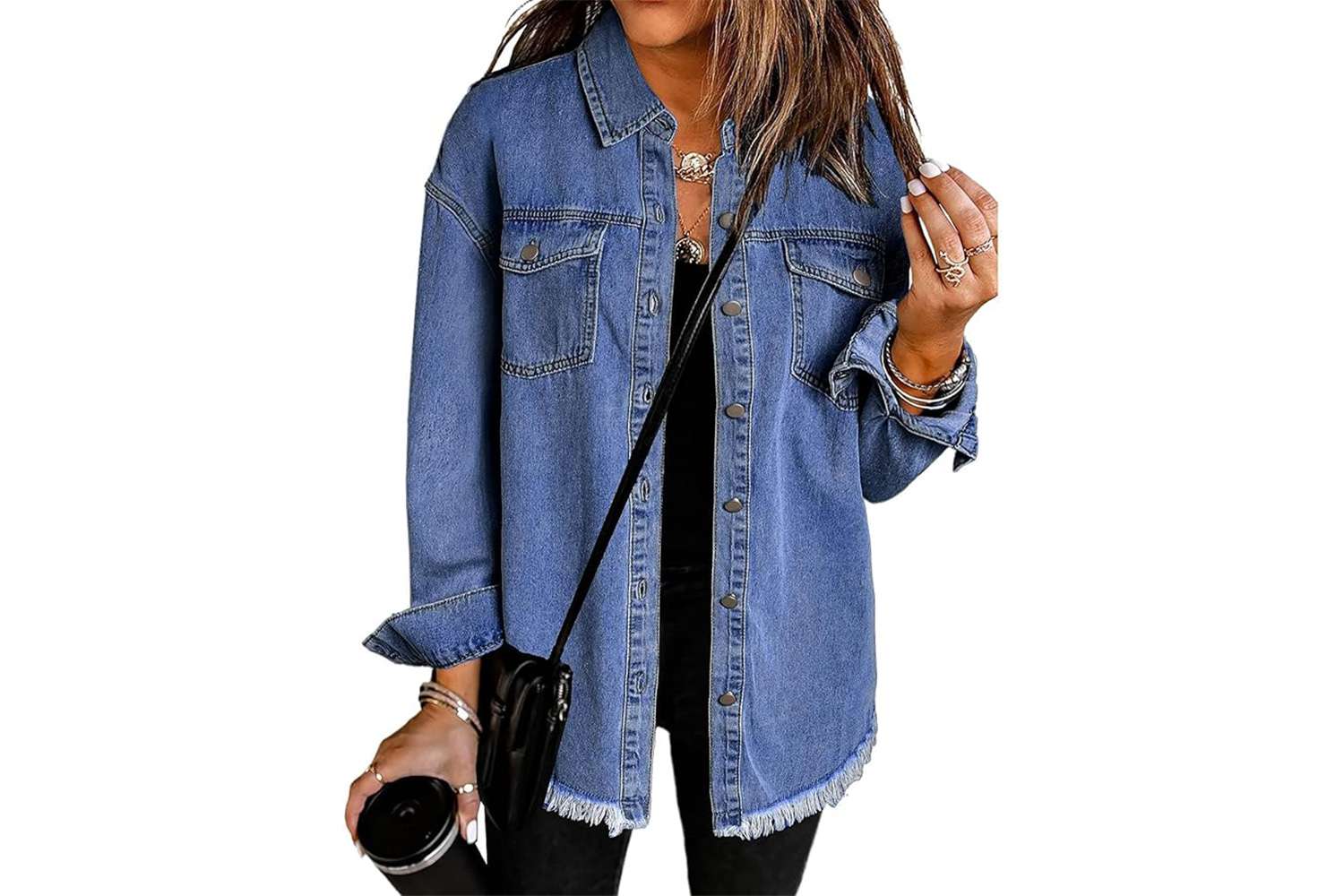 Vetinee Women’s Oversized Button Up Frayed Hem Shacket Long Sleeve Pockets