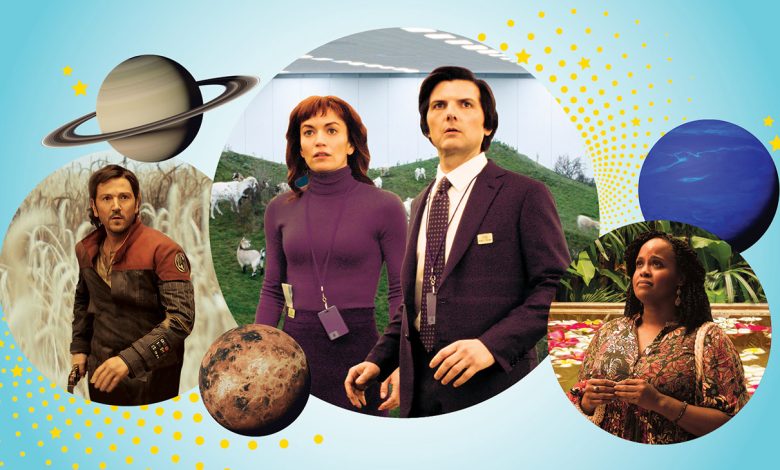 From left: Diego Luna in Andor; Britt Lower and Adam Scott in Severance; and Natasha Rothwell in The White Lotus.
