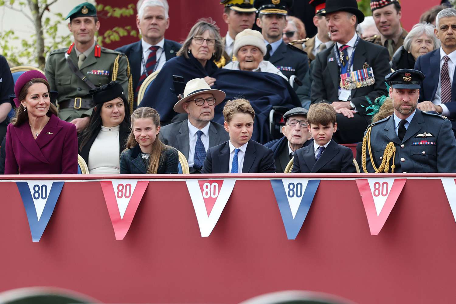 atherine, Princess of Wales, Princess Charlotte of Wales, Prince George of Wales, Prince Louis of Wales and Prince William, Prince of Wales during the military procession to mark the 80th anniversary of VE Day