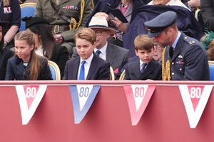 Princess Charlotte, Prince George, Prince Louis and the Prince of Wales ahead of the military procession for the 80th anniversary of VE Day