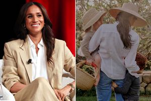 Meghan, Duchess of Sussex speaks onstage during the 2025 TIME100 Summit; Meghan Markle with Lilibet and Archie