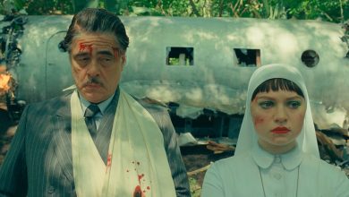 (L to R) Benicio Del Toro as Zsa-Zsa Korda and Mia Threapleton as Liesl in director Wes Anderson