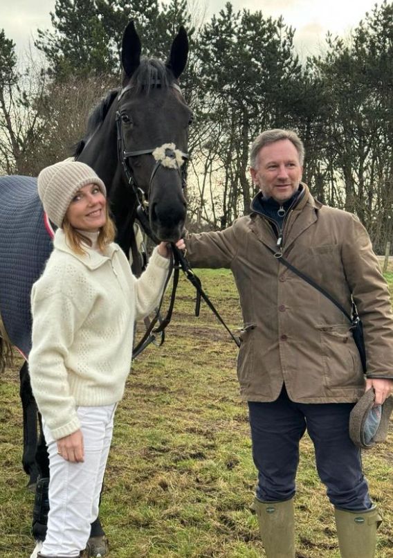 Geri Halliwell-Horner and Christian Horner with a black horse