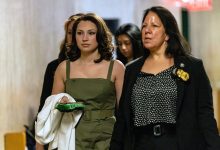 Actress Jessica Mann, left, arrives to testify in Harvey Weinstein