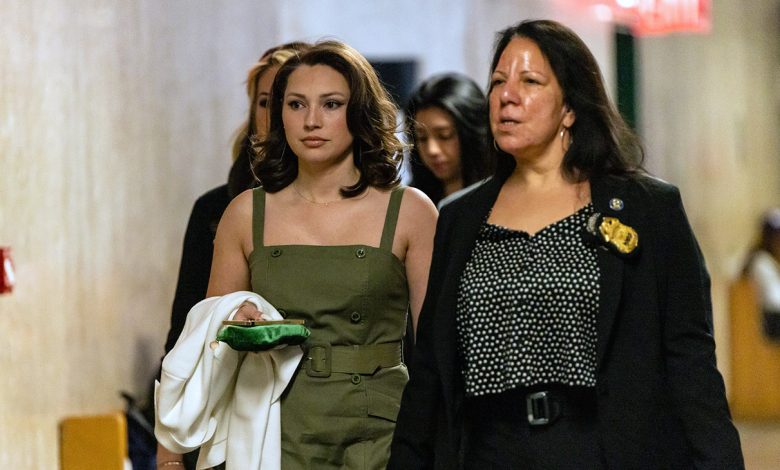 Actress Jessica Mann, left, arrives to testify in Harvey Weinstein