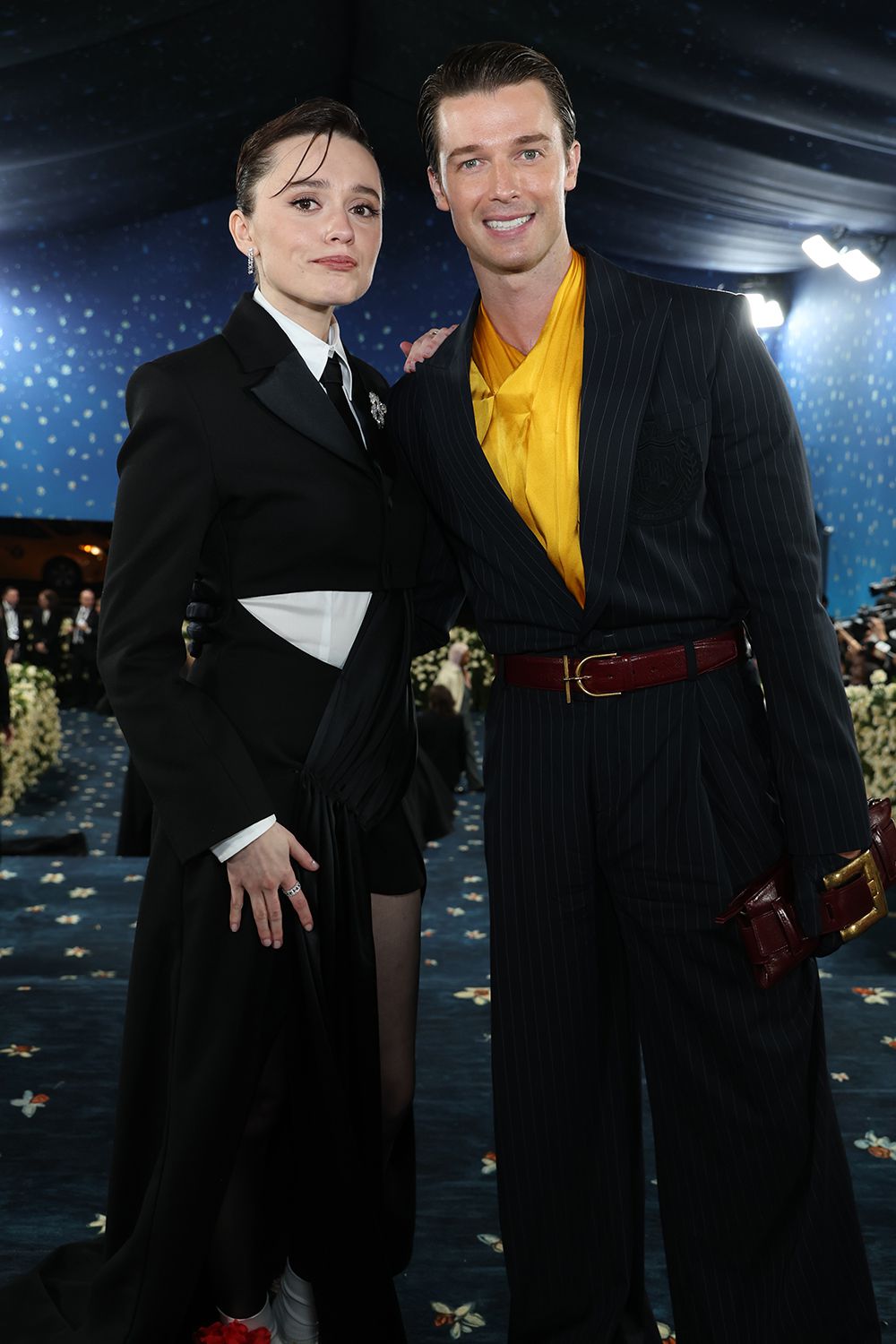 NEW YORK, NEW YORK - MAY 05: (L-R) Aimee Lou Wood and Patrick Schwarzenegger attend the 2025 Met Gala Celebrating "Superfine: Tailoring Black Style" at Metropolitan Museum of Art on May 05, 2025 in New York City.