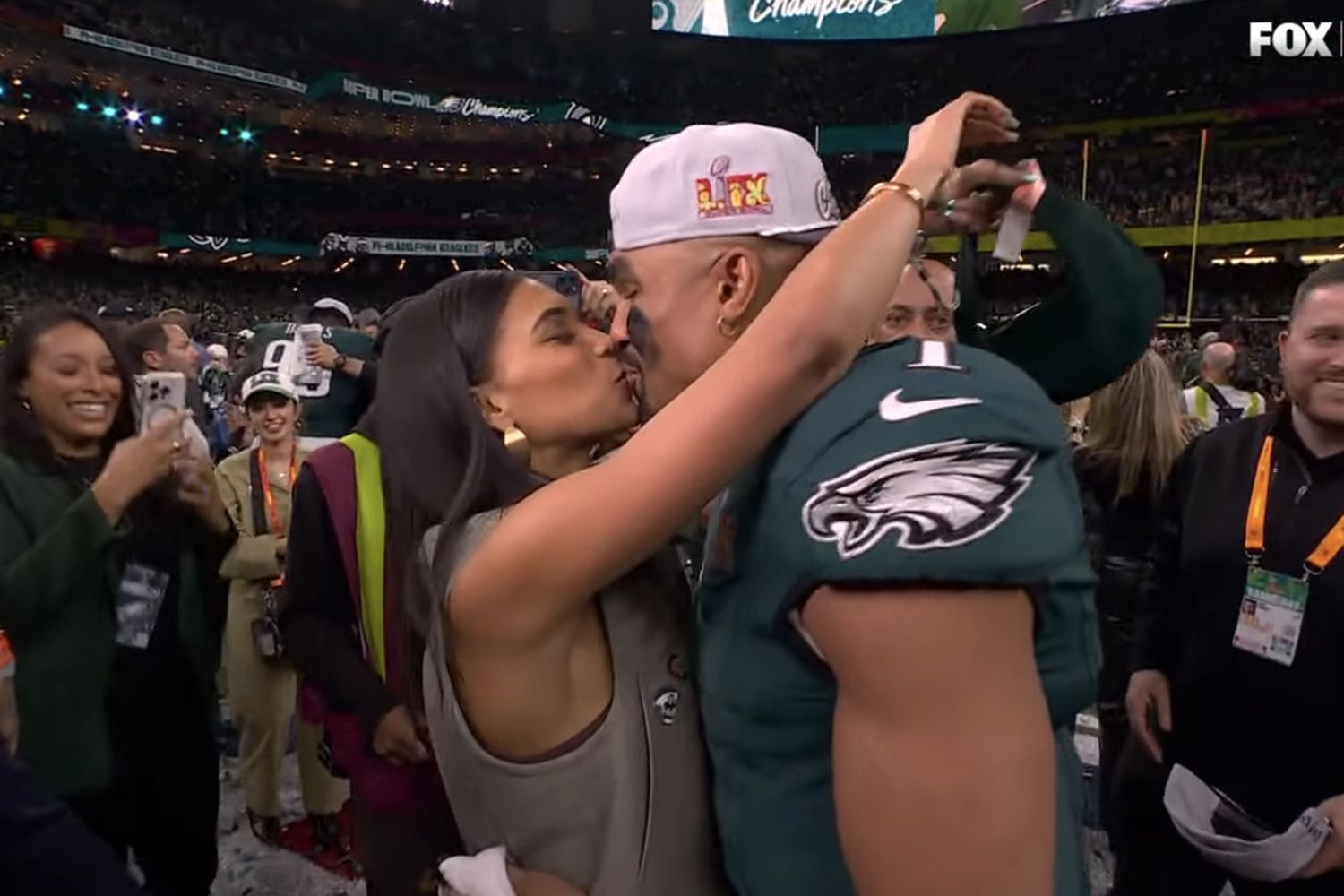 Jalen Hurts fiancee Bry Burrows and Jalen Hurts at 2025 Super Bowl