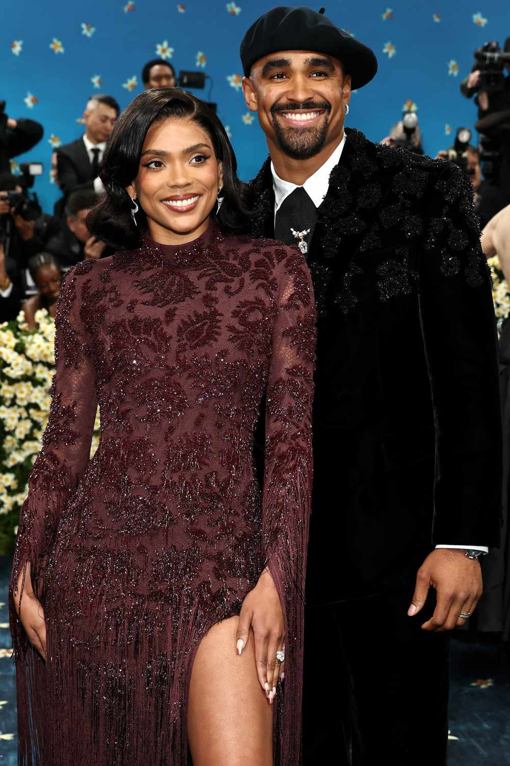 Bry Burrows and Jalen Hurts attend the 2025 Met Gala Celebrating "Superfine: Tailoring Black Style" at
