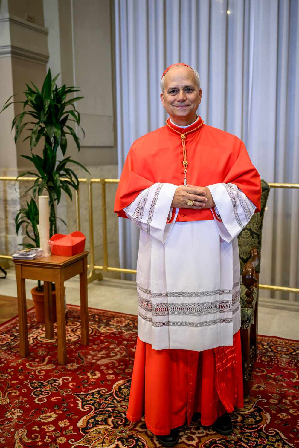 Newly appointed cardinal Robert Francis Prevost poses during the courtesy visits to the New Cardinals at the Apostolic Palace, on September 30, 2023 in Vatican City, Vatican.