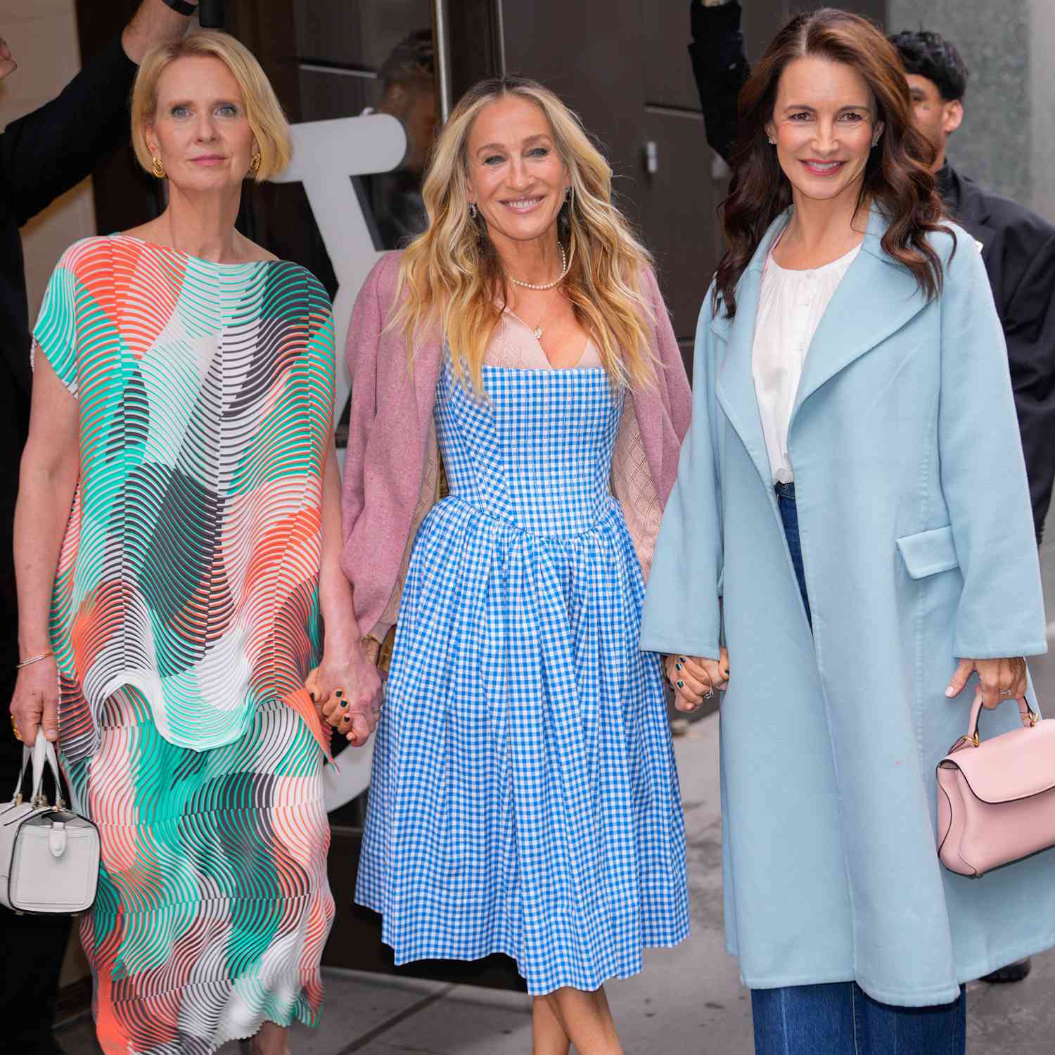 Cynthia Nixon, Sarah Jessica Parker and Kristin Davis are seen on May 21, 2025 in New York City