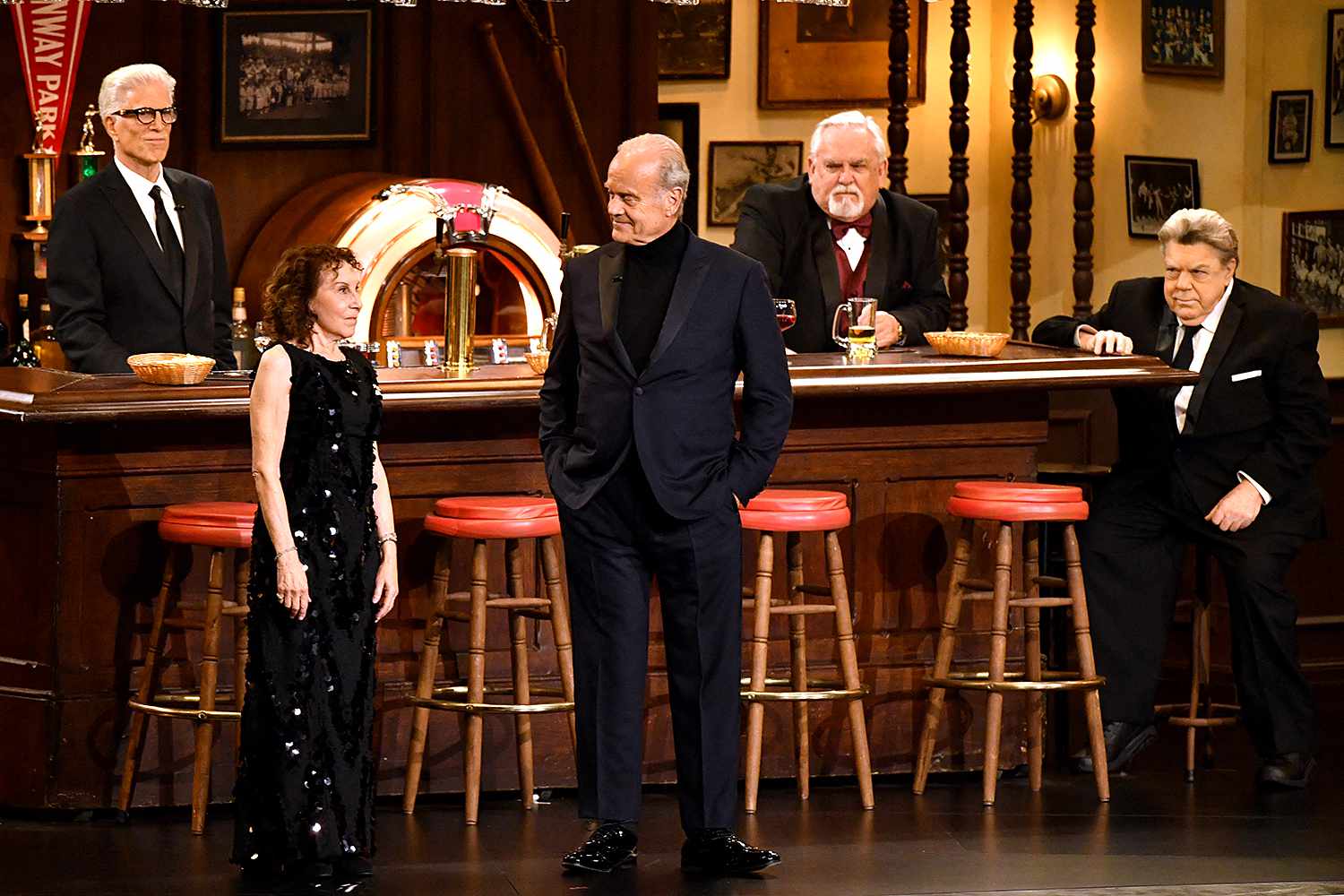 Actors and cast of "Cheers" Ted Danson, Rhea Perlman, Kelsey Grammer, John Ratzenberger, George Wendt speak onstage during the 75th Emmy Awards at the Peacock Theatre at L.A. Live in Los Angeles on January 15, 2024.