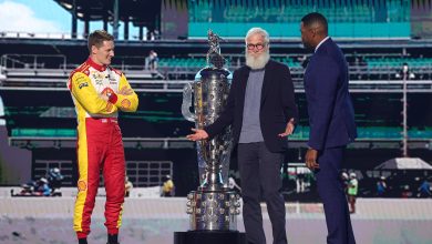 Josef Newgarden, David Letterman and Michael Strahan during the FOX UPFRONT ’25 presentation on Monday, May 12, 2025.