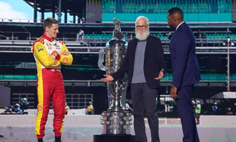Josef Newgarden, David Letterman and Michael Strahan during the FOX UPFRONT ’25 presentation on Monday, May 12, 2025.