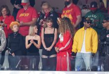 Ice Spice, Taylor Swift, Donna Kelce, Jason Kelce and Blake Lively at the Super Bowl LVIII Pregame held at Allegiant Stadium on February 11, 2024 in Paradise, Nevada.