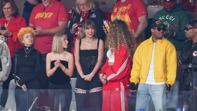 Ice Spice, Taylor Swift, Donna Kelce, Jason Kelce and Blake Lively at the Super Bowl LVIII Pregame held at Allegiant Stadium on February 11, 2024 in Paradise, Nevada.
