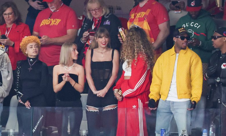 Ice Spice, Taylor Swift, Donna Kelce, Jason Kelce and Blake Lively at the Super Bowl LVIII Pregame held at Allegiant Stadium on February 11, 2024 in Paradise, Nevada.