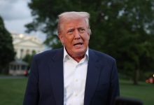 Donald Trump speaks to reporters on the south lawn of the White House on May 4, 2025 in Washington, DC.
