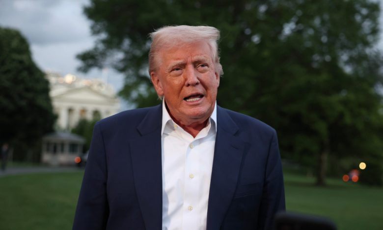 Donald Trump speaks to reporters on the south lawn of the White House on May 4, 2025 in Washington, DC.