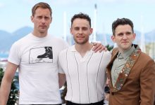 Alexander Skarsgård, Harry Lighton and Harry Melling pose at the ‘Pillion’ photo call at the 78th Cannes Film Festival at Palais des Festivals on May 18, 2025.