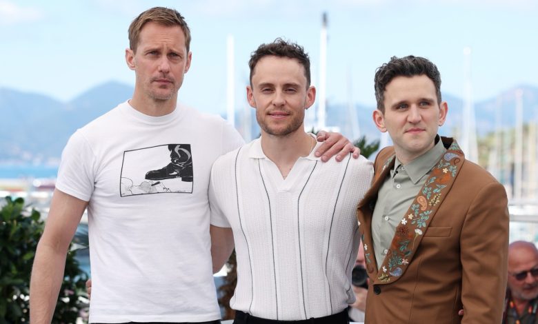 Alexander Skarsgård, Harry Lighton and Harry Melling pose at the ‘Pillion’ photo call at the 78th Cannes Film Festival at Palais des Festivals on May 18, 2025.
