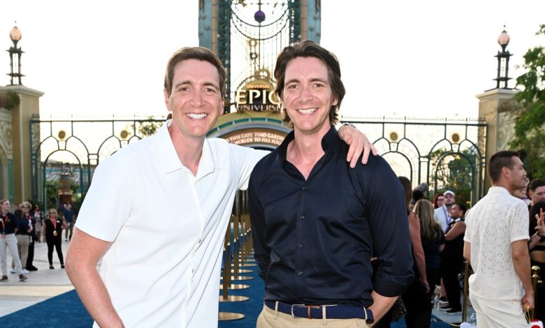 Oliver Phelps and James Phelps attend the grand opening of Universal Epic Universe on May 21 in Orlando, Florida.