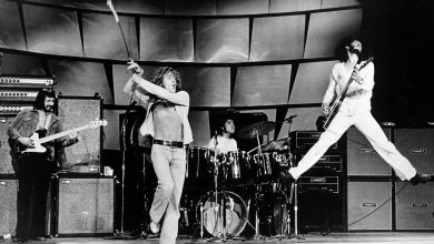 (L-R) Bassist John Entwistle, singer Roger Daltrey, drummer Keith Moon and guitarist Pete Townshend of the rodk and roll band The Who perform onstage in circa 1973.