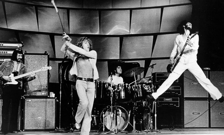 (L-R) Bassist John Entwistle, singer Roger Daltrey, drummer Keith Moon and guitarist Pete Townshend of the rodk and roll band The Who perform onstage in circa 1973.