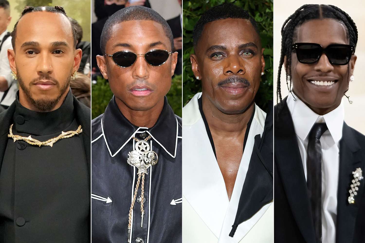 Lewis Hamilton attends the 2024 Met Gala; Pharrell Williams arrive for the 2021 Met Gala; Colman Domingo attends The 2024 Met Gala; A$AP Rocky are seen arriving at the 2023 Met Gala