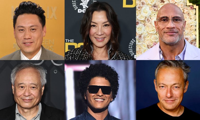 Clockwise from top left: Jon M. Chu, Michelle Yeoh, Dwayne Johnson, Maer Roshan, Bruno Mars and Ang Lee