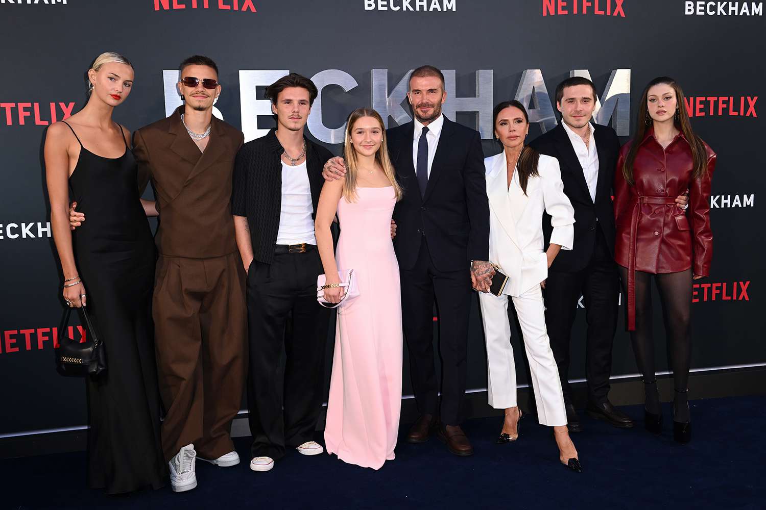 LONDON, ENGLAND - OCTOBER 03: (L-R) Mia Regan, Romeo Beckham, Cruz Beckham, Harper Beckham, David Beckham, Victoria Beckham, Brooklyn Beckham and Nicola Peltz attend the Netflix 'Beckham' UK Premiere at The Curzon Mayfair on October 03, 2023 in London, England. 
