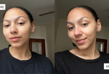 WWW editor showing before and after results of using the Therabody Theraface Depuffing Wand.
