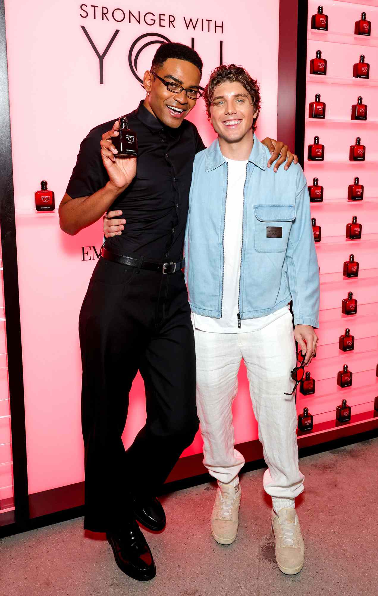 Owen Thiele and Lukas Gage attend the Emporio Armani Fragrances Stronger With You Launch Event on May 22, 2025 in Venice, California.
