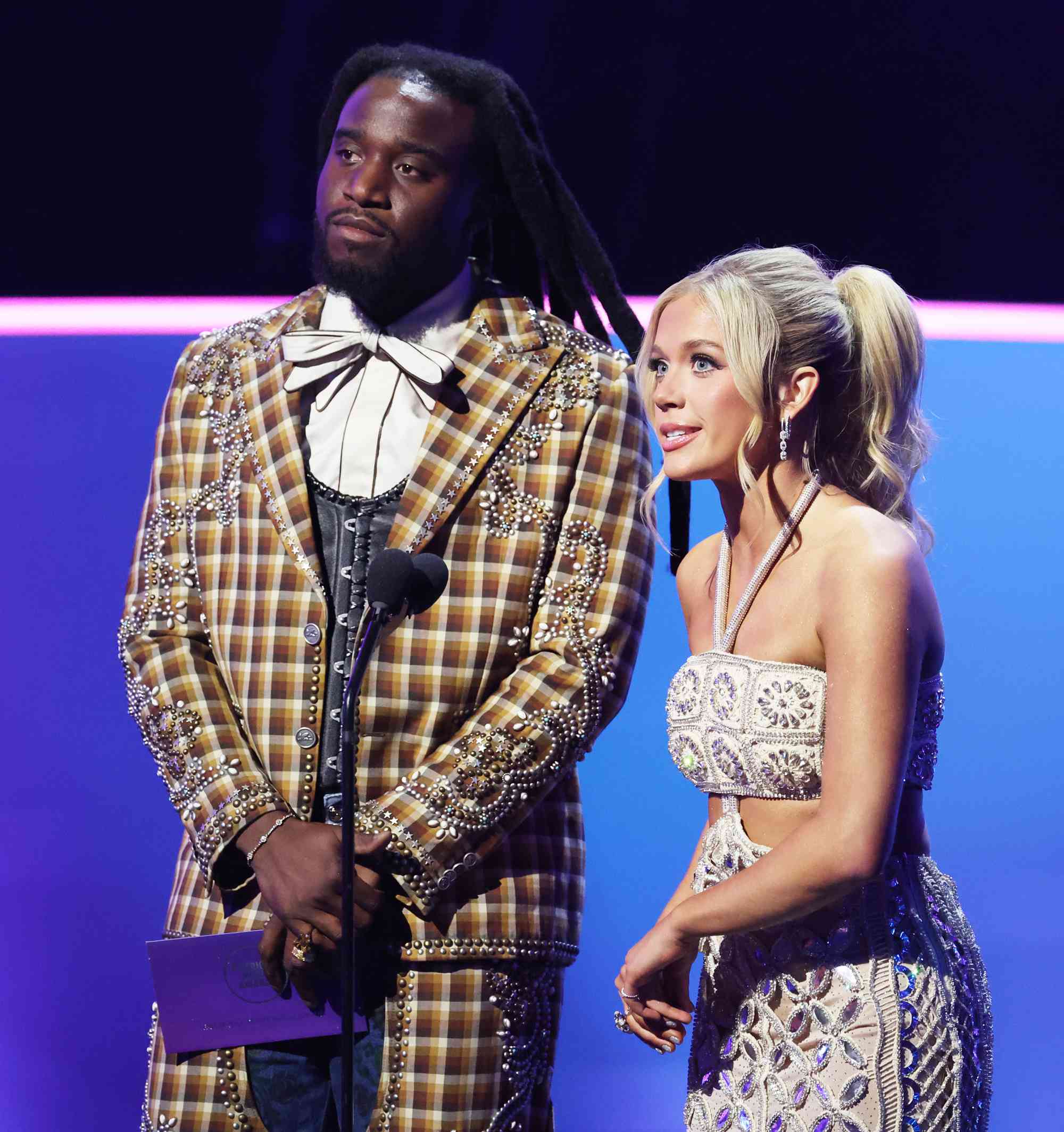 Shaboozey, Megan Moroney onstage at the 2025 American Music Awards held at the Fontainebleau Las Vegas on May 26, 2025 in Las Vegas, Nevada. 