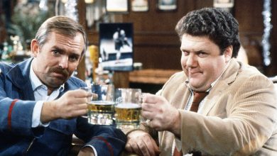 Cheers, from left, John Ratzenberger, George Wendt, 1982-93.