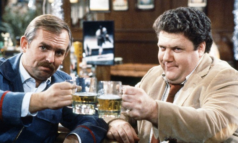 Cheers, from left, John Ratzenberger, George Wendt, 1982-93.