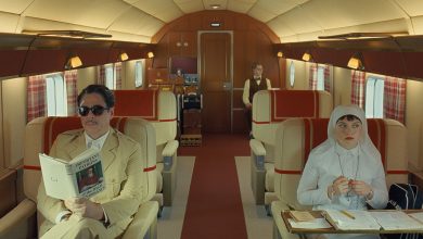(L to R) Benicio Del Toro as Zsa-Zsa Korda, Michael Cera as Bjorn and Mia Threapleton as Liesl in director Wes Anderson