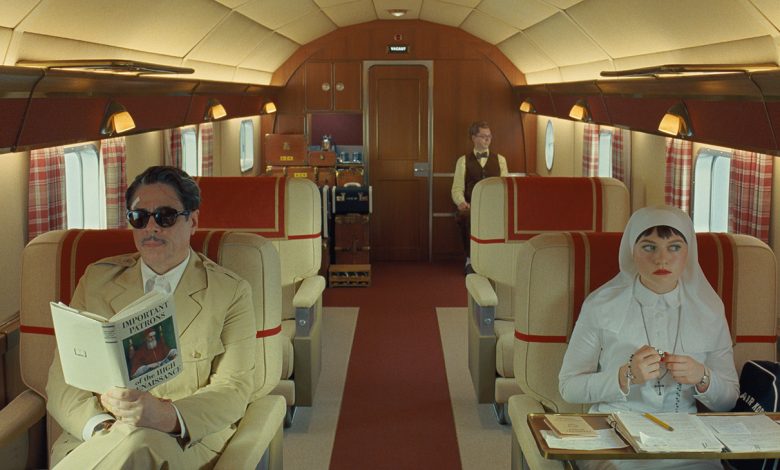 (L to R) Benicio Del Toro as Zsa-Zsa Korda, Michael Cera as Bjorn and Mia Threapleton as Liesl in director Wes Anderson