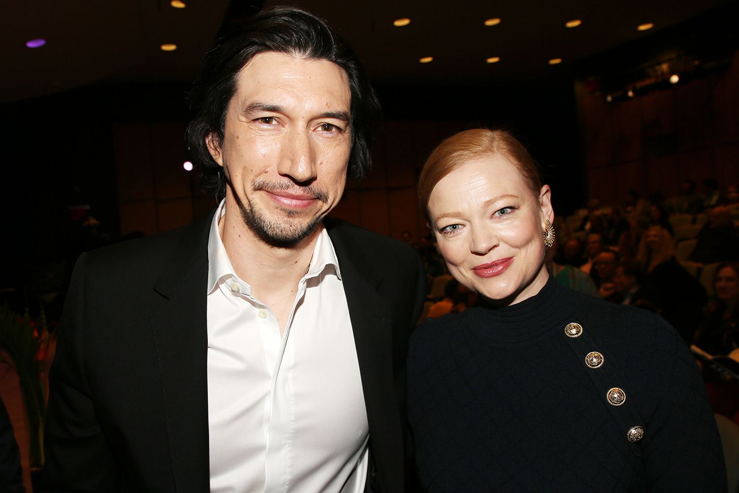 Adam Driver and Outstanding Solo Performance Winner Sarah Snook pose during the 75th Annual Outer Critics Circle Awards
