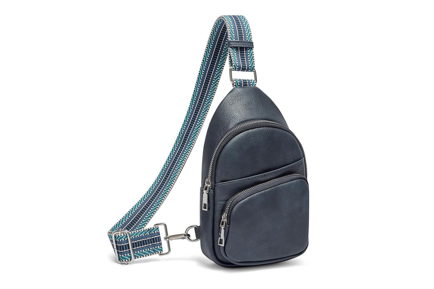 A compact sling bag for women with multiple zippered compartments and a striped shoulder strap, suitable for casual use