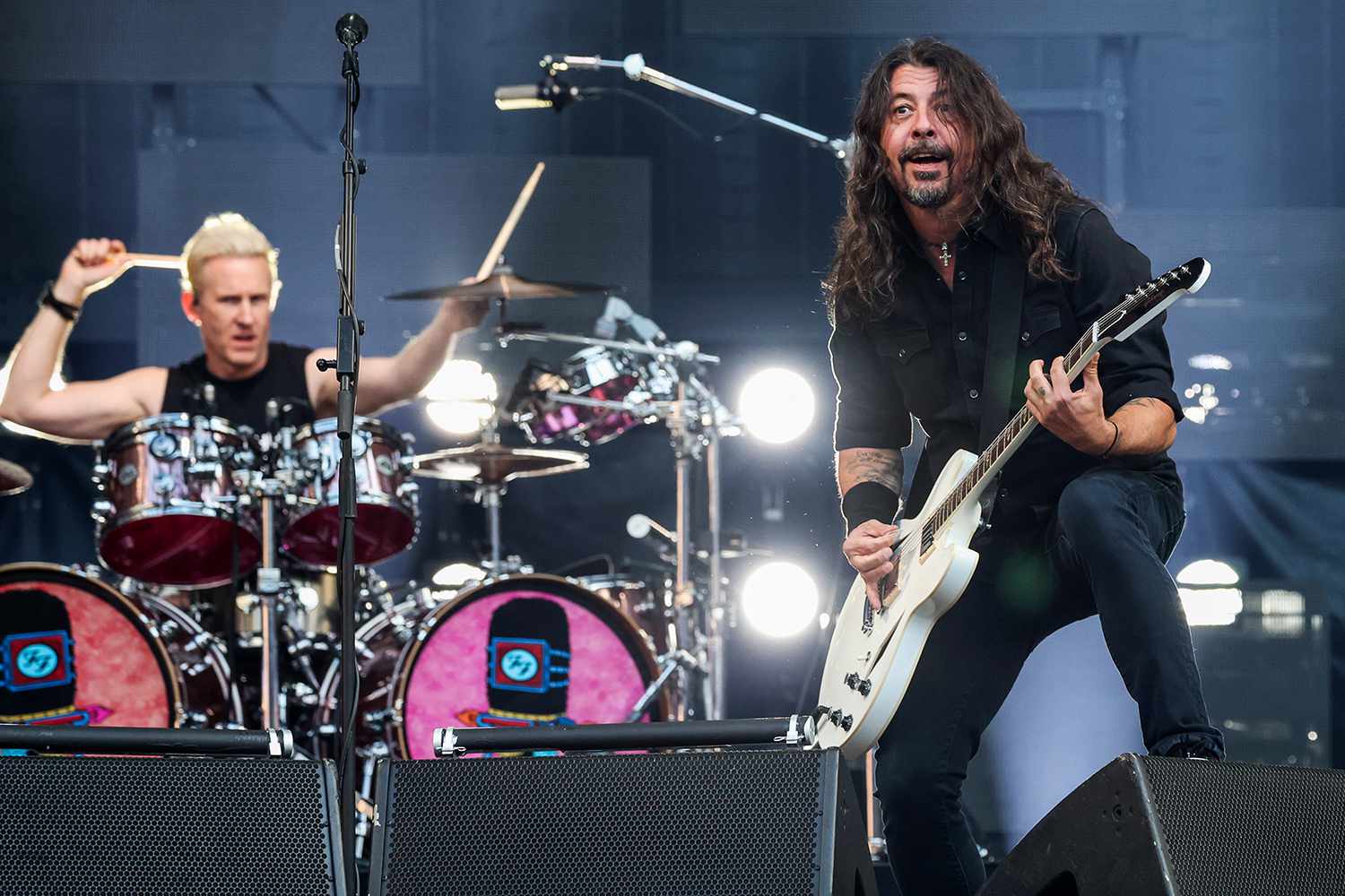 Josh Freese (L) and Dave Grohl of The Foo Fighters perform on stage at London Stadium on June 20, 2024 in London, England.