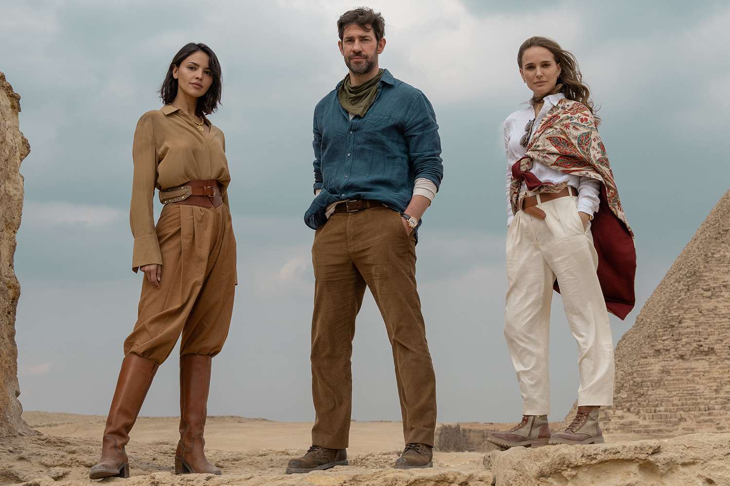 Eiza González, John Krasinski and Natalie Portman in 'Fountain of Youth.'