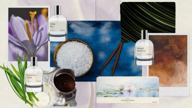 A collage of the three perfume bottles, the d'Annam Discover Set, and different ingredients featured in each fragrance.