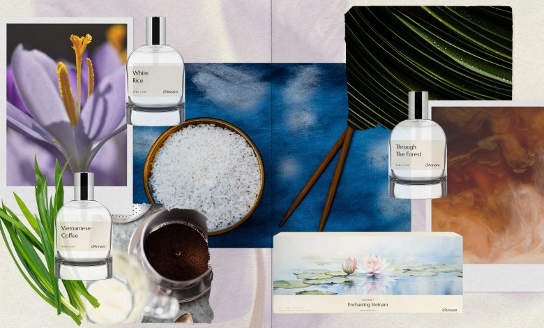 A collage of the three perfume bottles, the d'Annam Discover Set, and different ingredients featured in each fragrance.
