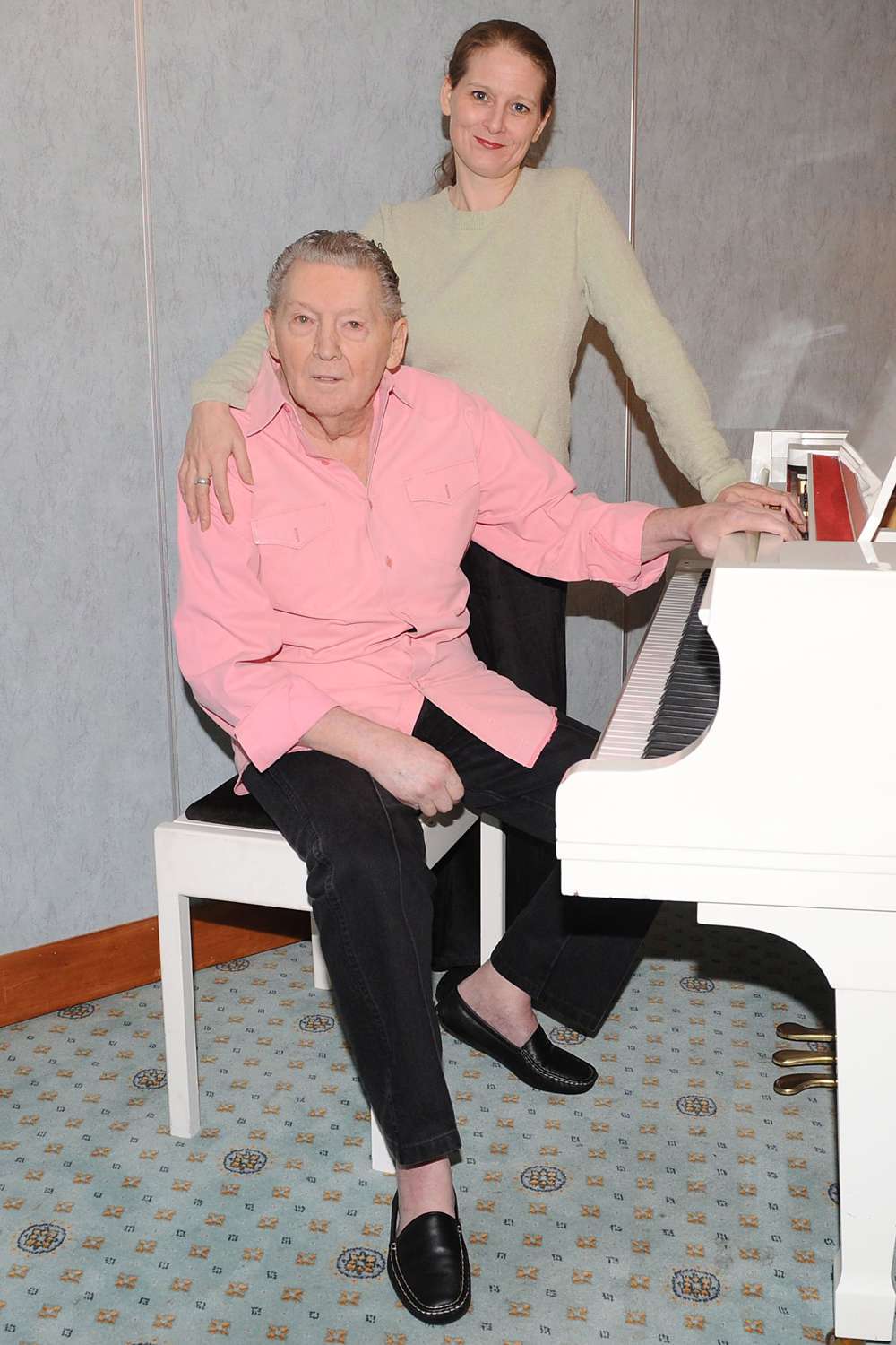 Jerry Lee Lewis with his daughter Phoebe Lewis during a press conference at the Royal Garden Hotel on October 24, 2008 in Kensington, West London.