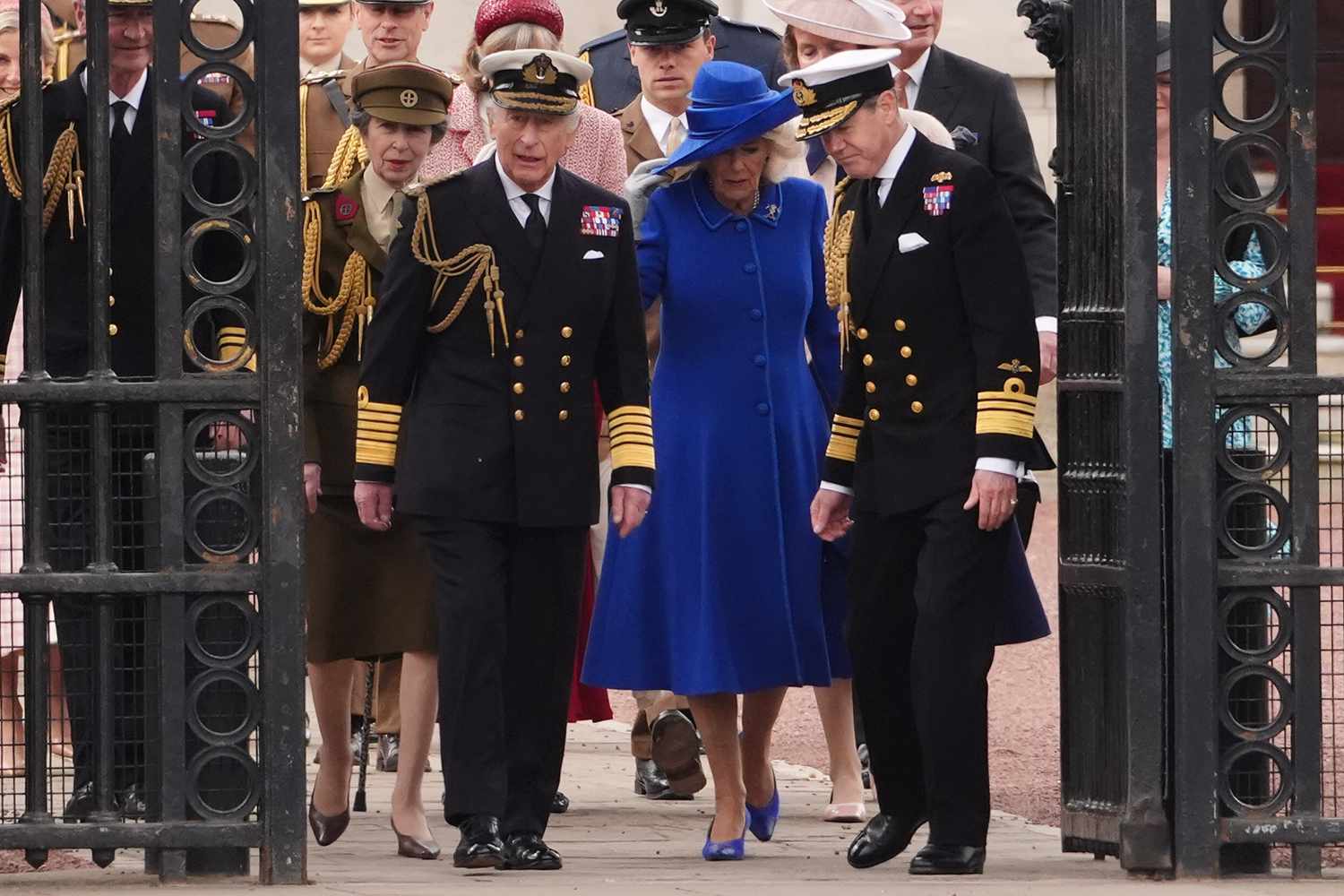 King Charles III and Queen Camilla arrive ahead of the military procession for the 80th anniversary of VE Day
