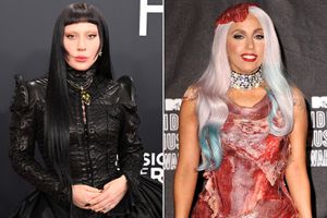 Lady Gaga in 2025; Lady Gaga wearing the meat dress in 2010.