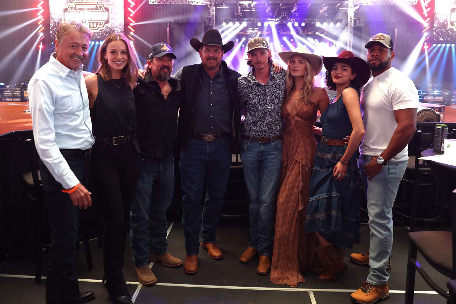 Cast of Landman during the first round of the Unleash The Beast PBR World Finals